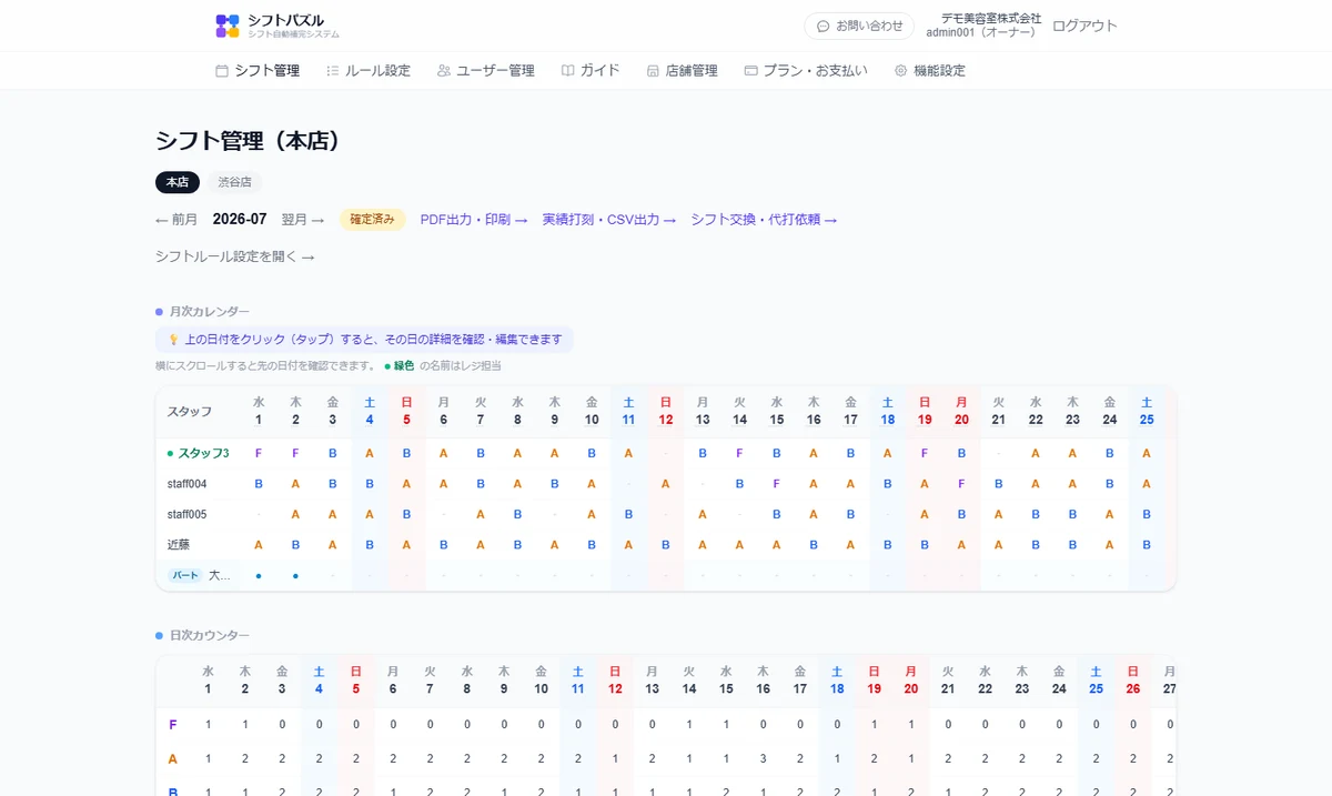 実際のシフト管理カレンダー画面。色分けされたシフト記号と日次カウンターが並ぶ